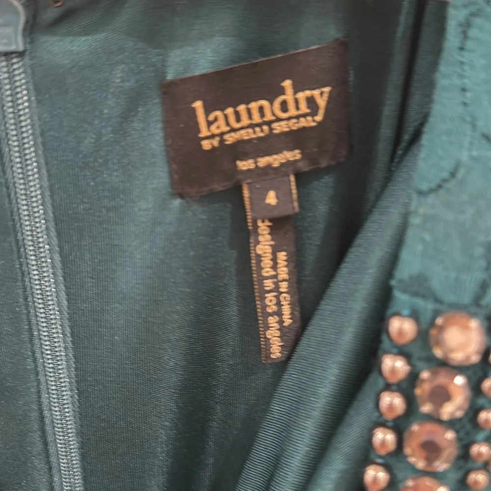 Laundry By Shelli Segal Hunter Green Long Sleeve Dress with Embellished Details